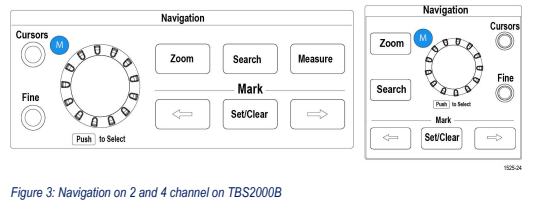Navigation controls on two-channel and four-channel TBS2000B oscilloscopes