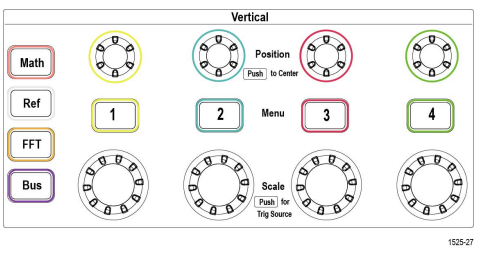 Vertical controls on a four-channel TBS2000B oscilloscope