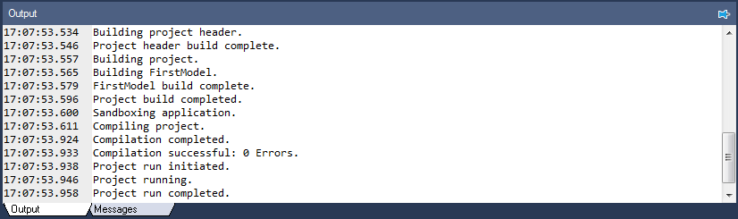 Project run successful output dock message